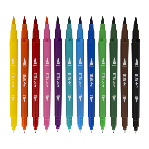 TITAN ARTS BRUSH PEN+FINELINER 2-TIP MARKER - 12 UNITS