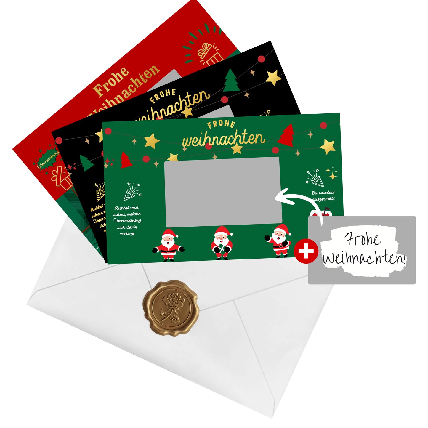 KAMO Christmas Scratch Card Voucher Gift Set – 3-in-1 Bundle (Black Santa, Green Santa, Green Stocking)