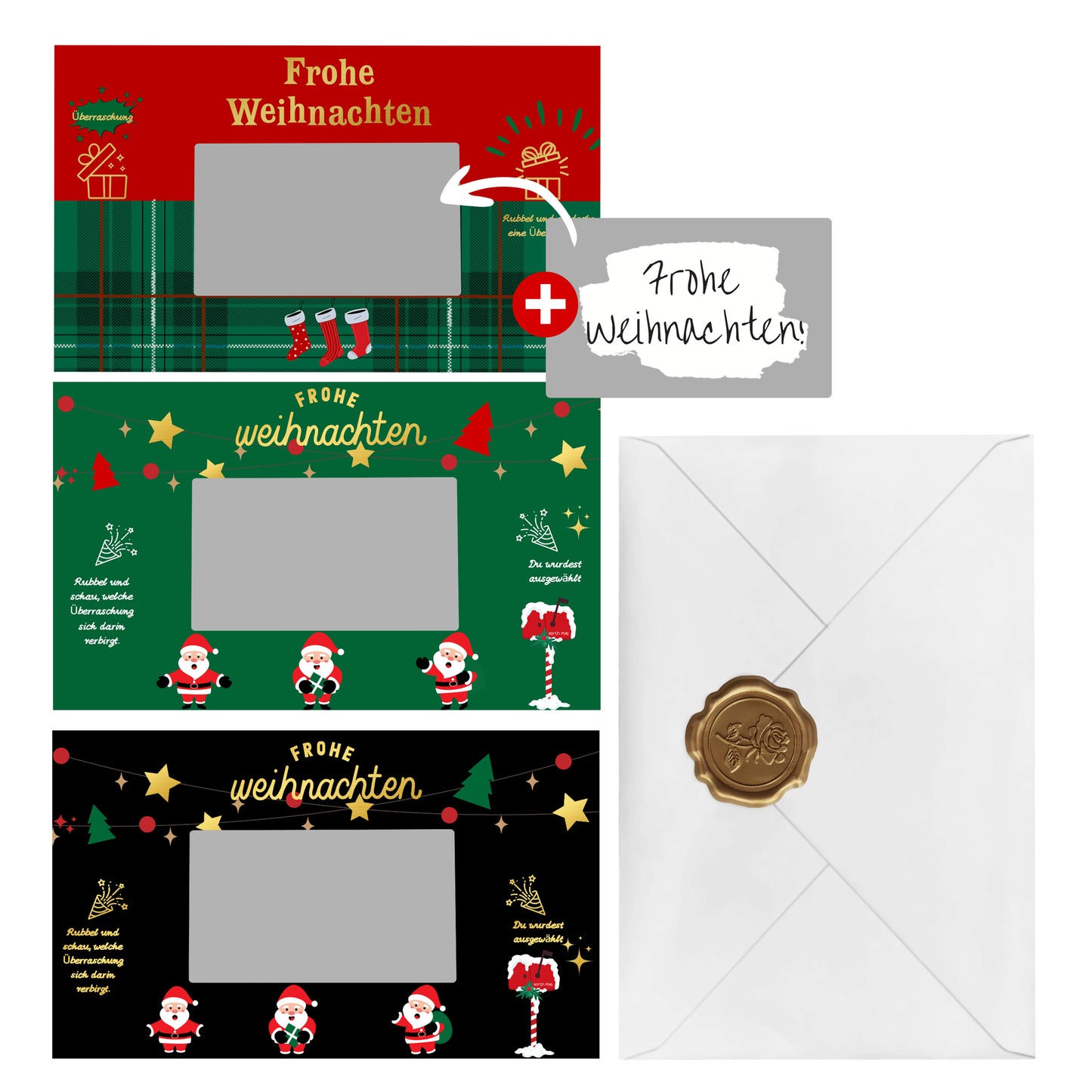 KAMO Christmas Scratch Card Voucher Gift Set – 3-in-1 Bundle (Black Santa, Green Santa, Green Stocking)