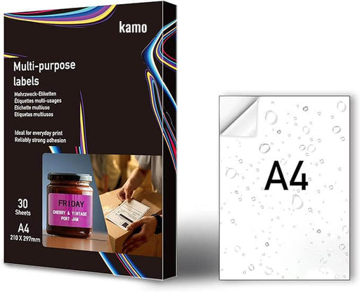 kamo Vinyl Adhesive Printer Paper A4, 30 Sheets, Matte White, Printable Adhesive Labels, Waterproof, Tear Resistant, for Laser & Inkjet Printers, 210 x 297 mm(2 Pack）