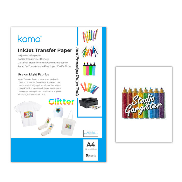 Kamo Heat Transfer Paper for Light T Shirts (Glitter, 5 Sheets, 210x297mm) Iron on Transfers Paper for Light Fabric Printable Heat Transfer for Inkjet Printer